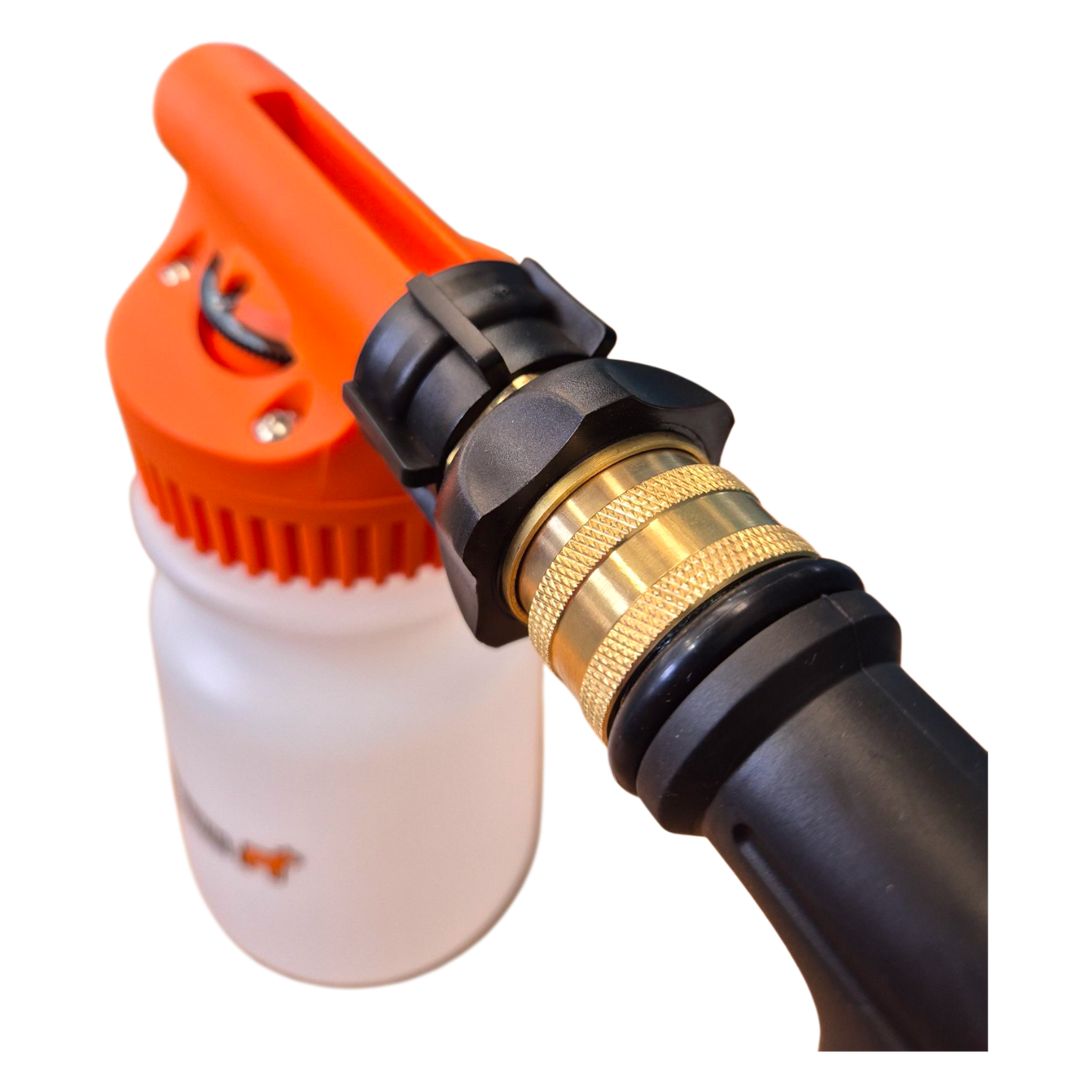 Close-up of a garden hose nozzle with an orange spray head and black and gold fitting on a white background.