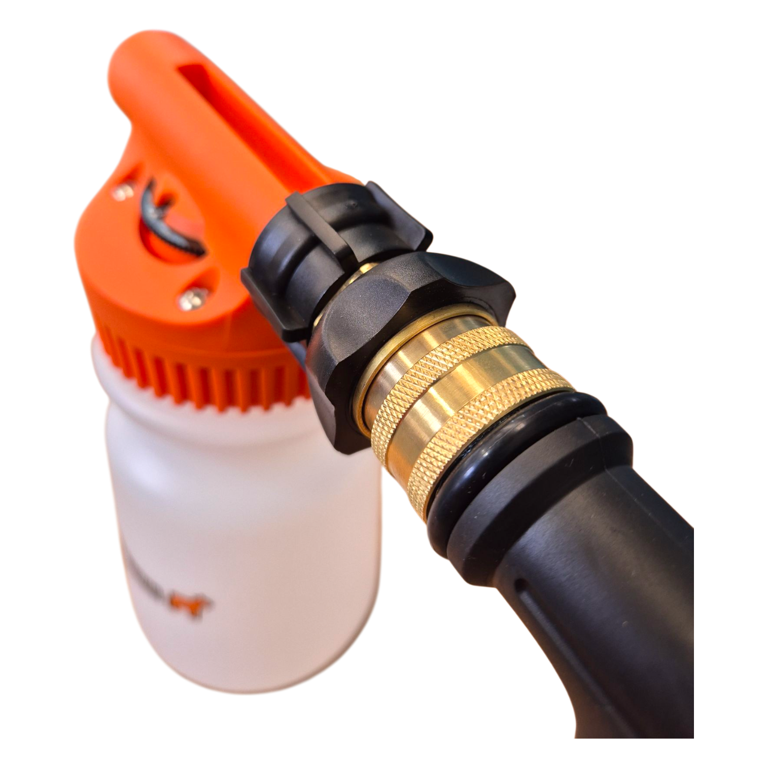 Close-up of a garden hose nozzle with an orange spray head and black and gold fitting on a white background.